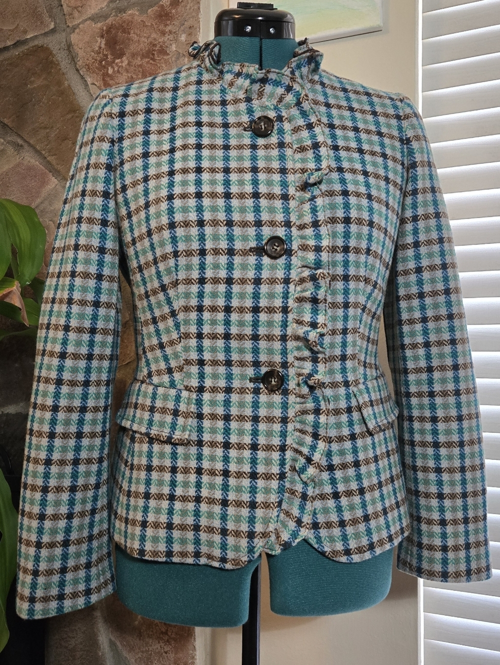 Talbots Blazer 6P Wool Plaid Tweed Ruffle Trim Teal Dark Academia